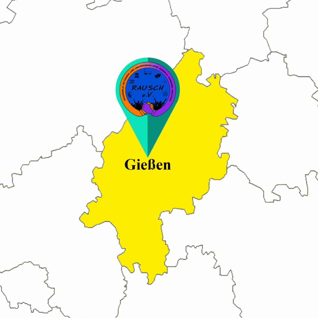 Karte von Hessen, ein Pin mit dem Logo des Rausch markiert den Standort Gießen