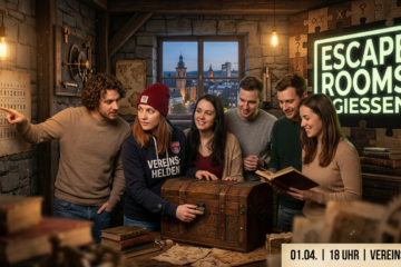 Einige Personen im Escape Rooms Gießen beim Rätselraten - mit AI generiert