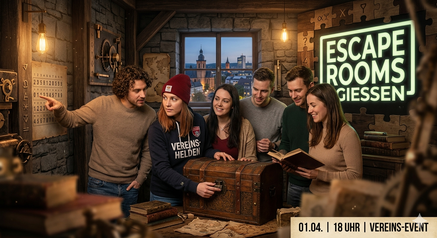 Einige Personen im Escape Rooms Gießen beim Rätselraten - mit AI generiert