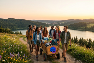 Eine Gruppe beim Wandern mit Bollerwagen - ai generated