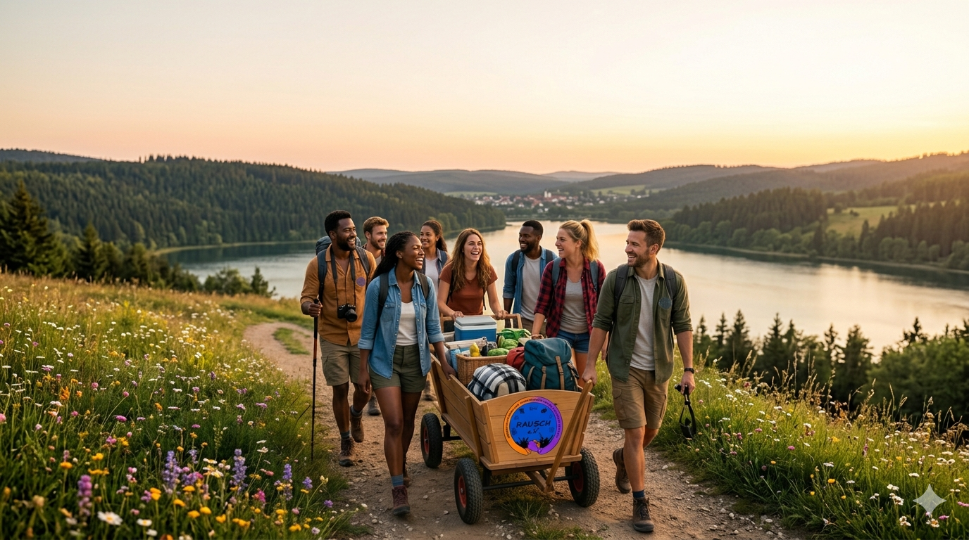 Eine Gruppe beim Wandern mit Bollerwagen - ai generated